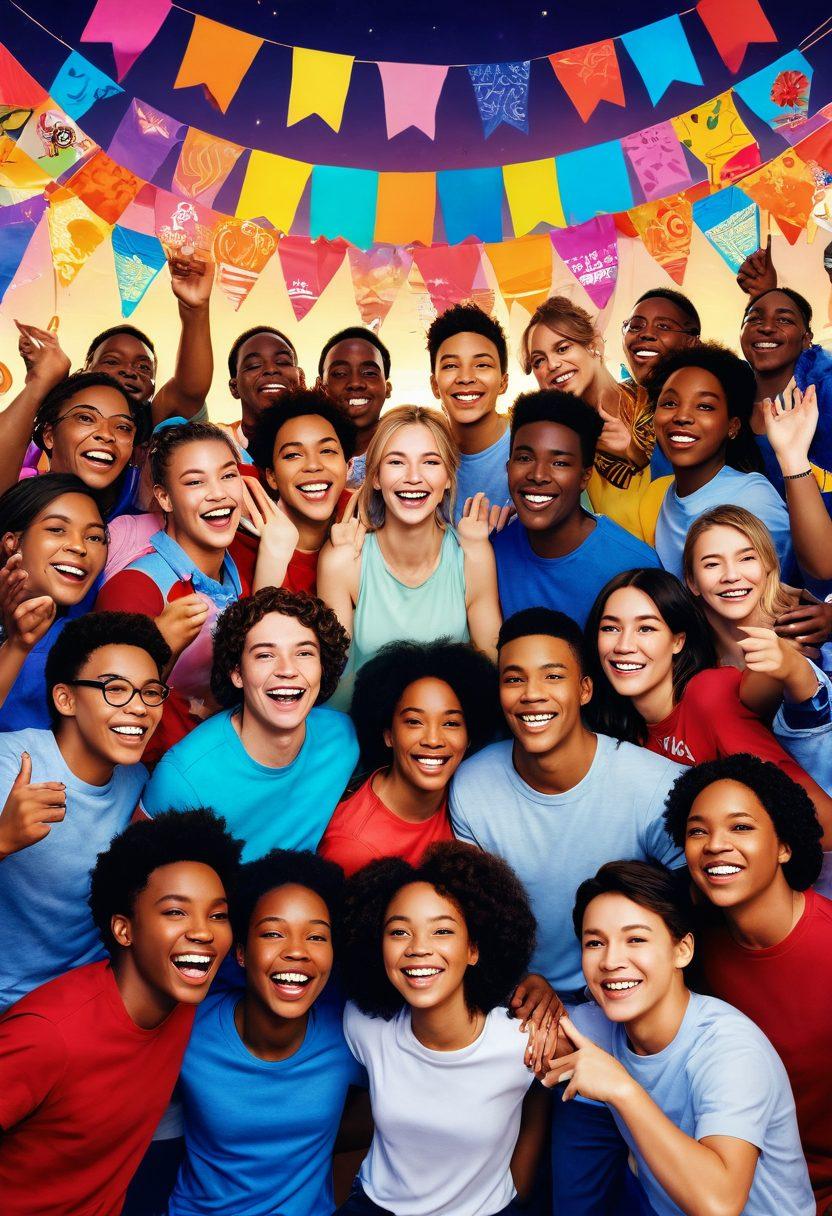 A vibrant scene depicting a diverse group of fans united in joyful interaction, surrounded by colorful banners and memorabilia that represent the Simon Fandom. Illustrate elements of community, such as hugs, laughter, and shared experiences, with a central heart symbol glowing brightly in the background. Incorporate various artistic expressions like paintings, digital art, and fan-made crafts scattered throughout the setting. Emphasize warmth and inclusivity through bright colors and expressive faces. super-realistic. vibrant colors. 3D.