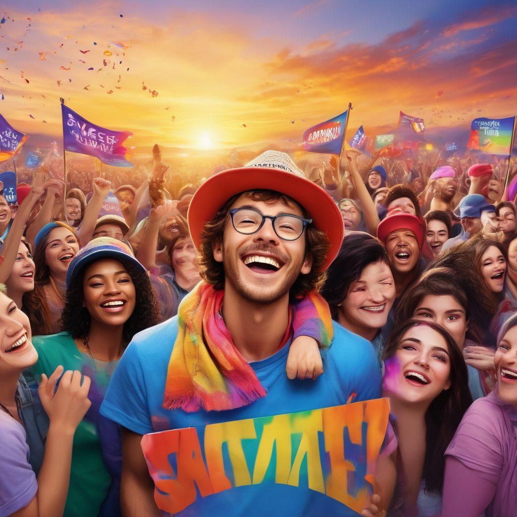 A lively gathering of diverse fans celebrating with colorful banners and signs in support of a beloved figure named Simon. The scene showcases joyful expressions, group hugs, and people wearing matching merchandise like t-shirts and hats. Festive decorations, confetti, and a backdrop of a sunset sky create an atmosphere of unity and celebration. super-realistic. vibrant colors. dynamic composition.