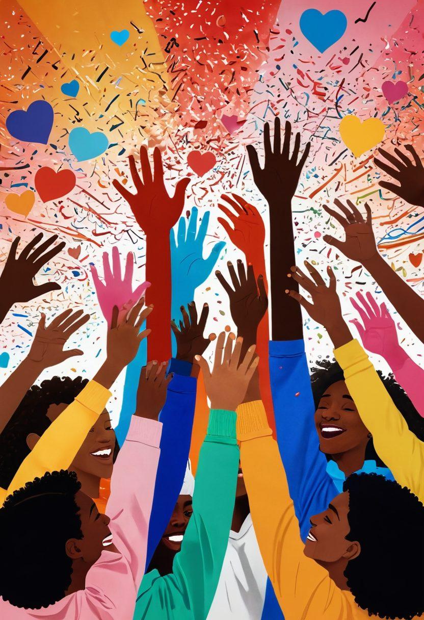 A vibrant collage depicting a diverse group of people celebrating together, with both virtual cheers and real-life connections represented through intertwined digital and physical hands. In the background, symbols of support and community, like heart shapes and supportive messages, are scattered among confetti and light beams. The overall atmosphere is one of joy and unity, highlighting the impactful journey of Simon Supporters. super-realistic. vibrant colors. warm tones.